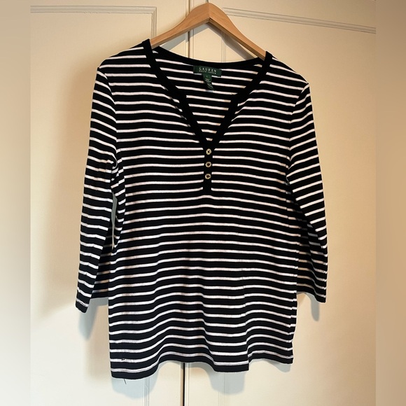 Women’s Lauren Ralph Lauren Cotton Black & White Striped Tee - Picture 1 of 3